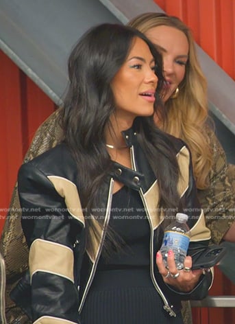 Meili's black and beige leather moto jacket on The Real Housewives of Salt Lake City