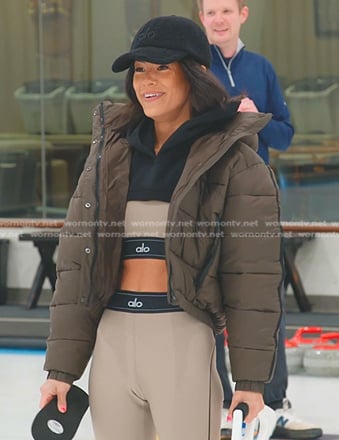 Meili's brown cropped puffer jacket and leggings on The Real Housewives of Salt Lake City