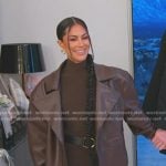 Meili’s brown oversized leather jacket on The Real Housewives of Salt Lake City