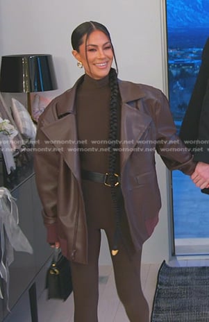 Meili's brown oversized leather jacket on The Real Housewives of Salt Lake City