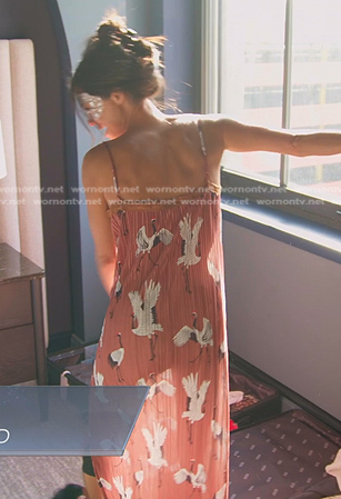 Meili's pink bird print slip dress on The Real Housewives of Salt Lake City