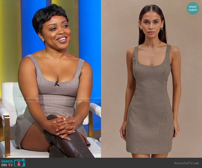 Meshki Beth Mini Dress in Tan Check worn by Quinta Brunson on Good Morning America