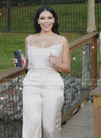 Mia’s white satin cami and pants on The Real Housewives of Potomac