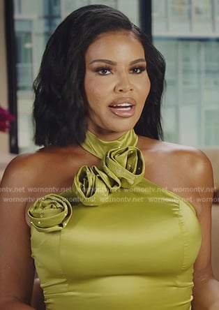 Mia's green floral applique confessional dress on The Real Housewives of Potomac