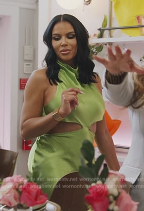 Mia's green satin cutout dress on The Real Housewives of Potomac