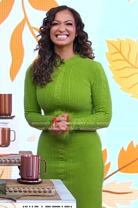 Milly Almodovar’s green ribbed feather cuff dress on Good Morning America