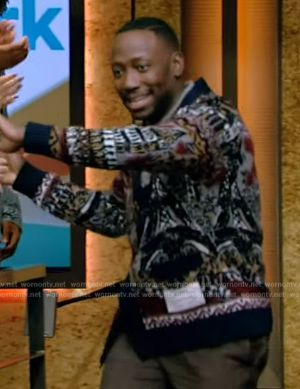 Lamorne Morris’s jacquard cardigan on Live with Kelly and Mark