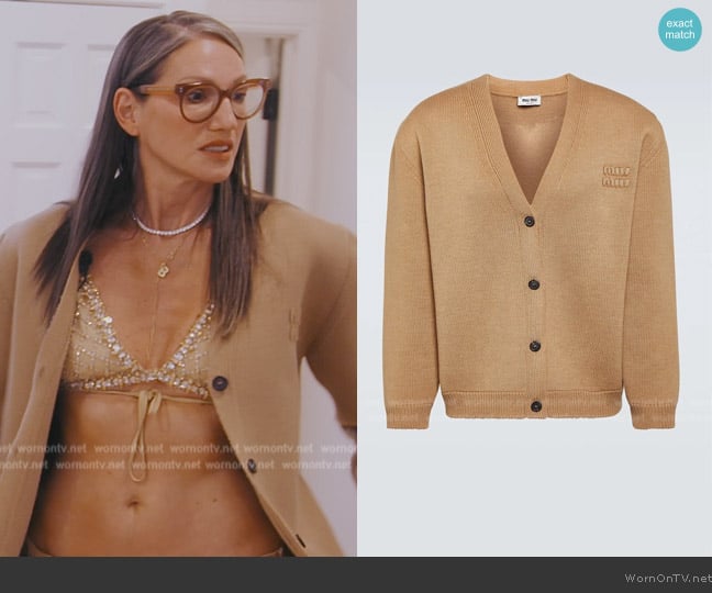 Miu Miu Logo Cardigan worn by Jenna Lyons on The Real Housewives of New York City