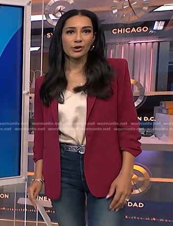 Morgan’s burgundy ruched sleeve blazer on NBC News Daily