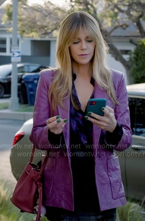 Morgan's purple floral shirt and leather blazer on High Potential