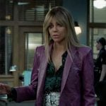 Morgan’s purple leather blazer, green snake print shirt, and mini skirt on High Potential