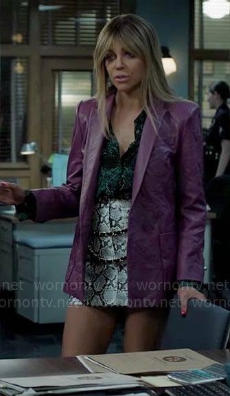 Morgan's purple leather blazer, green snake print shirt, and mini skirt on High Potential