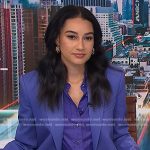 Morgan’s purple button down blouse and blue suit on NBC News Daily