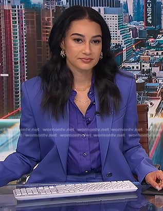 Morgan's purple button down blouse and blue suit on NBC News Daily