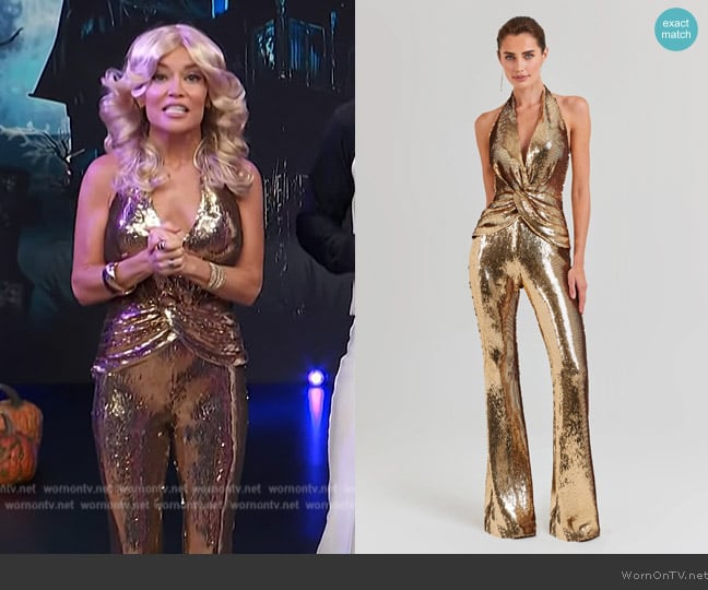 Nadine Merabi Tianna Gold Jumpsuit worn by Kit Hoover on Access Hollywood