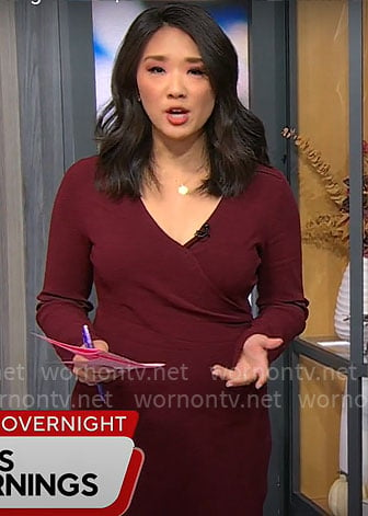 Nancy Chen's burgundy knit wrap dress on CBS Mornings