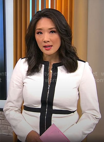 Nancy Chen's white jacket with black trims on CBS Mornings