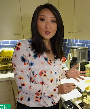 Nancy Chen's white floral wrap blouse on CBS Saturday Morning