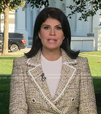 Natalie Brand’s yellow tweed blazer on CBS Evening News