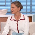 Natalie’s white pointelle knit cardigan with striped trim on The Talk