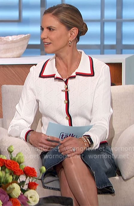 Natalie's white pointelle knit cardigan with striped trim on The Talk