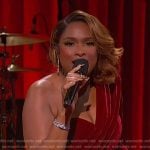 Jennifer’s red velvet one sleeve mini dress on The Jennifer Hudson Show