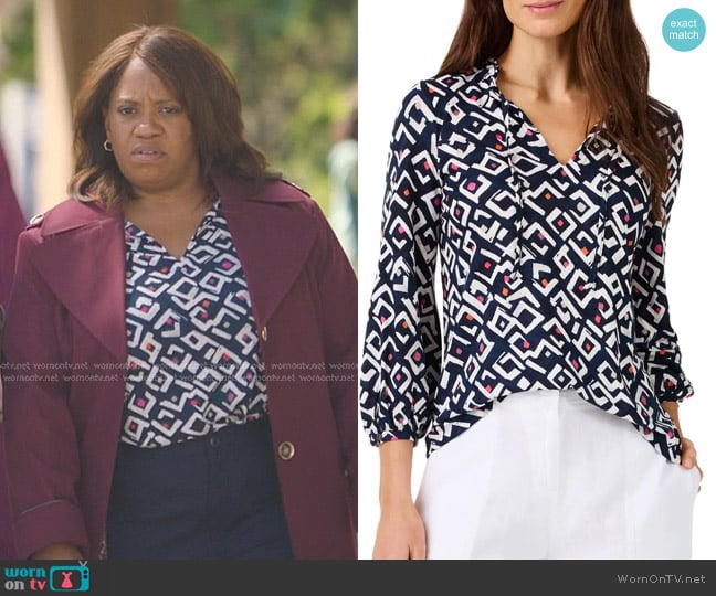 Miranda’s blue print blouse on Greys Anatomy