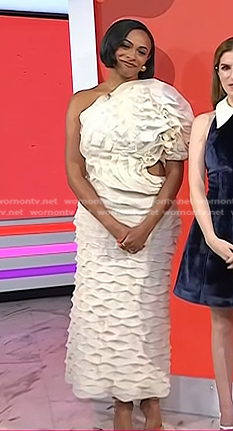 Nicolette Robinson's ivory ruffle one-shoulder dress on Today