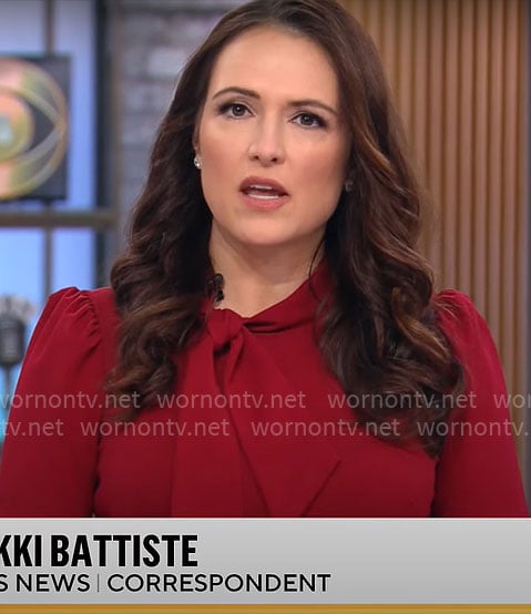 Nikki Battiste’s red tie-neck dress on CBS Mornings