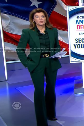 Norah’s green blazer and pant suit on CBS Evening News