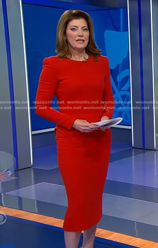 Norah's red long sleeve midi dress on CBS Evening News