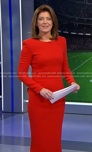 Norah’s red long sleeve midi dress on CBS Evening News