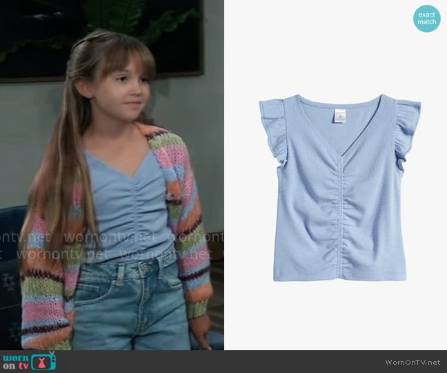 Nordstrom Ruched Flutter Sleeve V-Neck Top worn by Scout Quartermaine (Cosette Abinante) on General Hospital