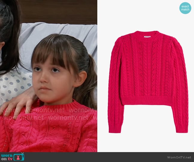 Nordstrom Kids Cable Puff Sleeve Sweater in Pink Electric worn by Scout Quartermaine (Cosette Abinante) on General Hospital