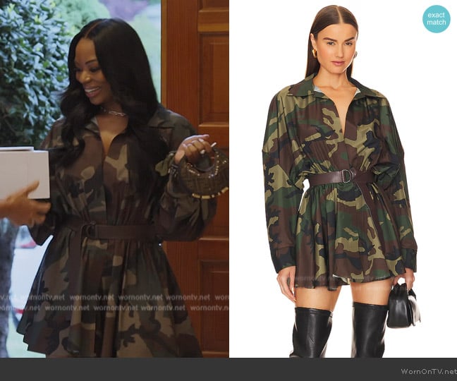 Norma Kamali Oversized Bf Shirt Flared Mini Dress worn by Keiarna Stewart on The Real Housewives of Potomac