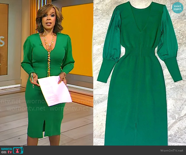 New York & Company V-neck Sweater Dress with Balloon Sleeves worn by Gayle King on CBS Mornings