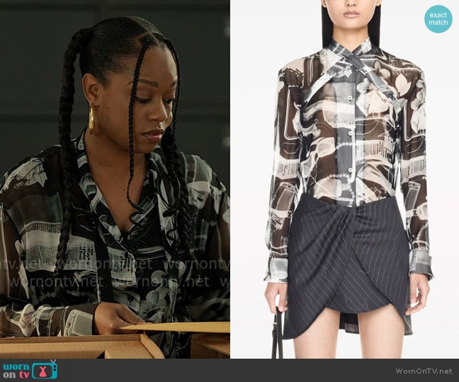 Izzy’s black and white graphic print button down shirt on The Lincoln Lawyer