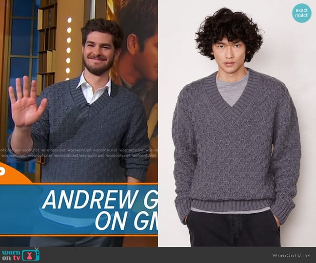 Officine Generale Francis Sweater in Mid Grey Heather worn by Andrew Garfield on Good Morning America