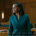 Olympia’s teal geren asymmetric blazer on Matlock