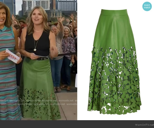 Oscar de la Renta Lasercut Tulip-Hem Leather Skirt worn by Jenna Bush Hager on Today