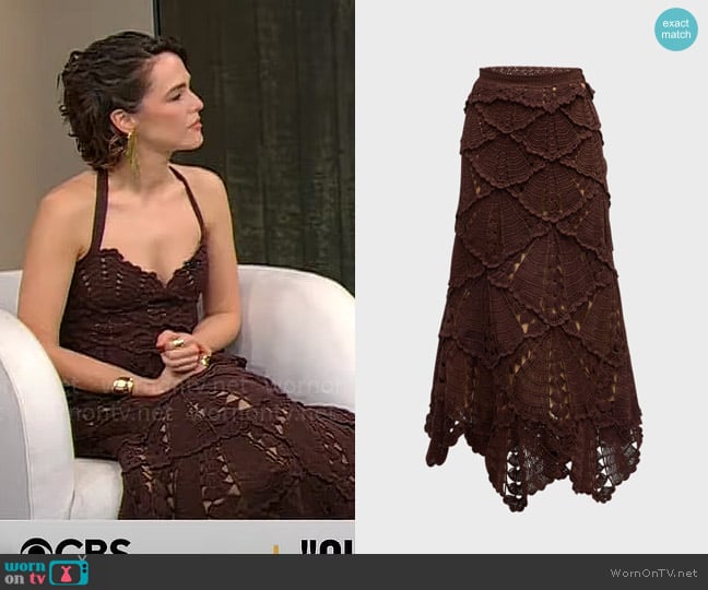 Oscar de la Renta Shell Crochet Knit Flared Midi Skirt worn by Zoey Deutch on CBS Mornings