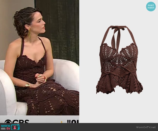 Oscar de la Renta Shell Crochet Knit Halter Peplum Tank Top worn by Zoey Deutch on CBS Mornings