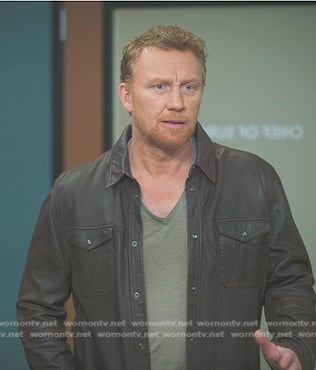 Owen's brown leather shirt jacket on Greys Anatomy