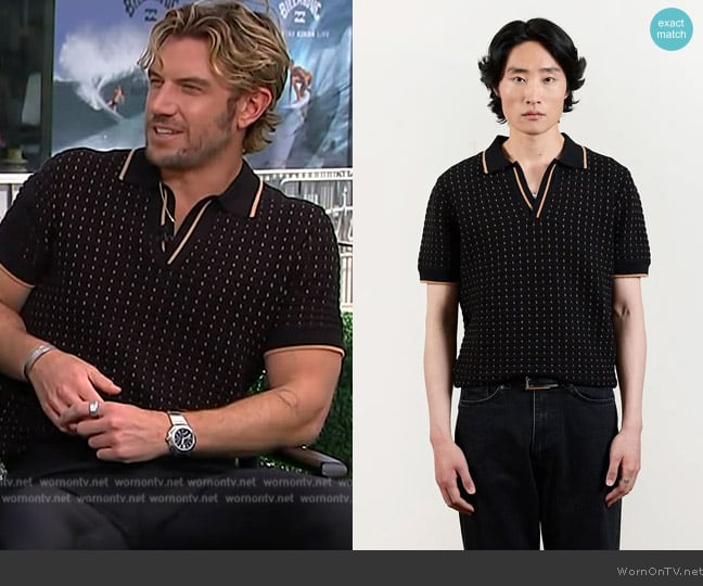 Percival x Ilaria Broken Stripe Knitted Polo worn by Adam Demos on Access Hollywood