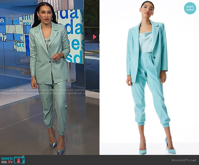 Alice + Olivia Dunn Vegan Leather Loose Blazer and Pete Pants worn by Morgan Radford on NBC News Daily