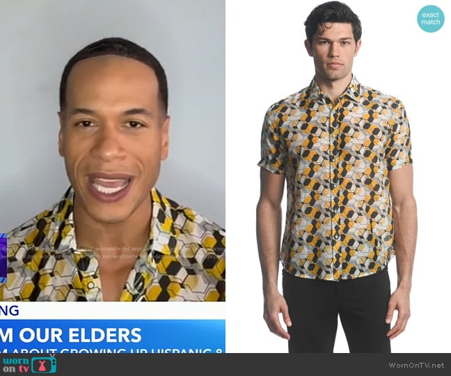 Postmarc Cells Printed Short Sleeve Woven Shirt in Gold / Charcoal worn by Alex Perez on Good Morning America