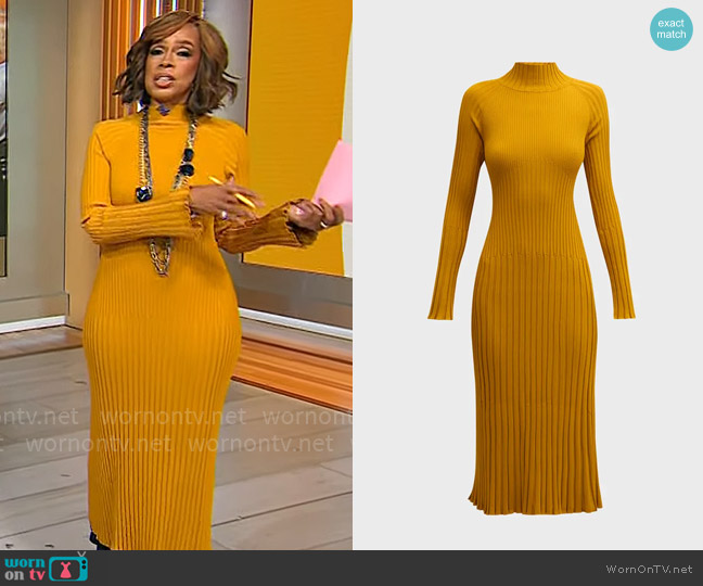 Proenza Schouler Carmen Dress in Gold worn by Gayle King on CBS Mornings