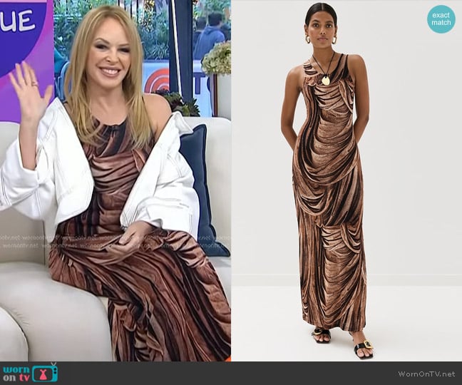 Rabanne Jersey Dress in Drappe Terracotta worn by Kylie Minogue on Today