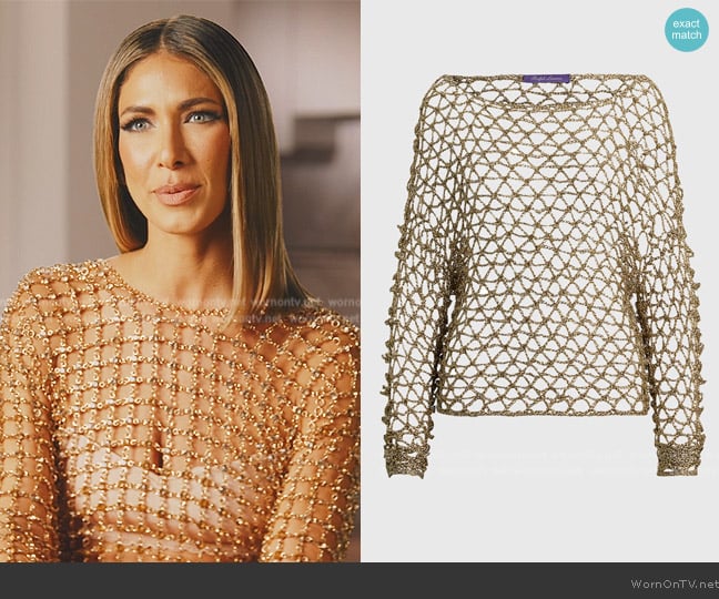 Ralph Lauren Collection Metallic Hand-Crocheted Boatneck Sweater worn by Erin Lichy on The Real Housewives of New York City