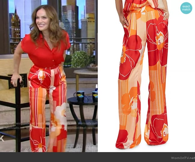 Ramy Brook Claudia Floral Satin Wide-Leg Pants worn by Amy Brenneman on Live with Kelly and Mark